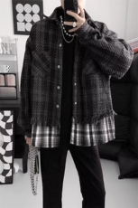 毛呢假两件外套小香风编织拼接格子夹克男潮牌ins休闲潮外套网图，男装夹克，星座302B-2