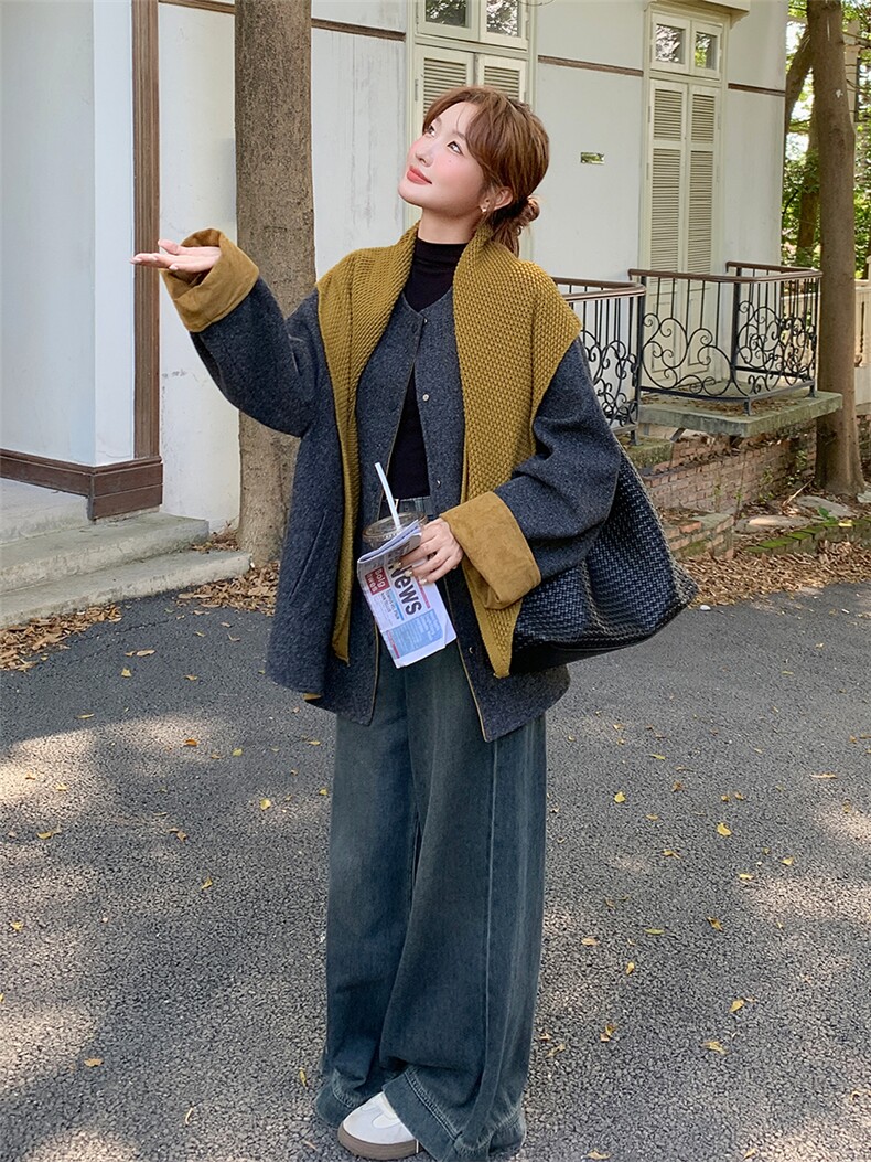 欧货拼色披肩毛呢短款外套女秋2025新款宽松显瘦小个子拉链夹克潮,女装毛呢外套,浙宝301