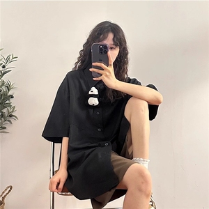 现货潮立体熊猫设计感短袖衬衫男女图片