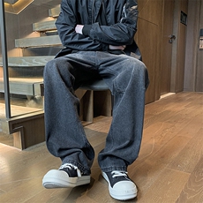 美式褶皱牛仔裤男春秋季高街潮牌痞帅宽松阔腿长裤水洗做旧直筒裤，男装牛仔裤，电商A408