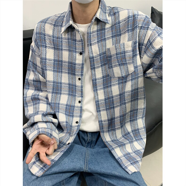 现货~磨毛格子大码长袖衬衫 C5897/特P25 蓝色的图片