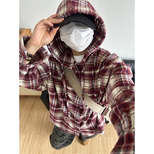 380G磨毛秋冬新款格纹连帽衬衫加厚磨毛格子外套CS328-P48