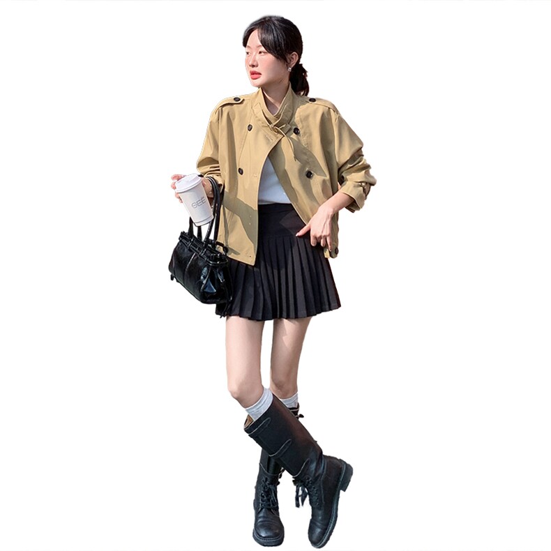 秋装外套女立领双排扣宽松休闲短款风衣秋季小个子短外套,女装短外套,2C238