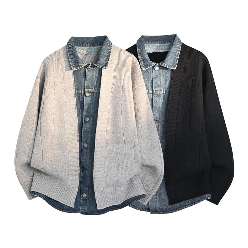 M659-特P85假两件翻领针织开衫男士高品质拼接牛仔领毛衣外套，男装工装外套，电商D310B