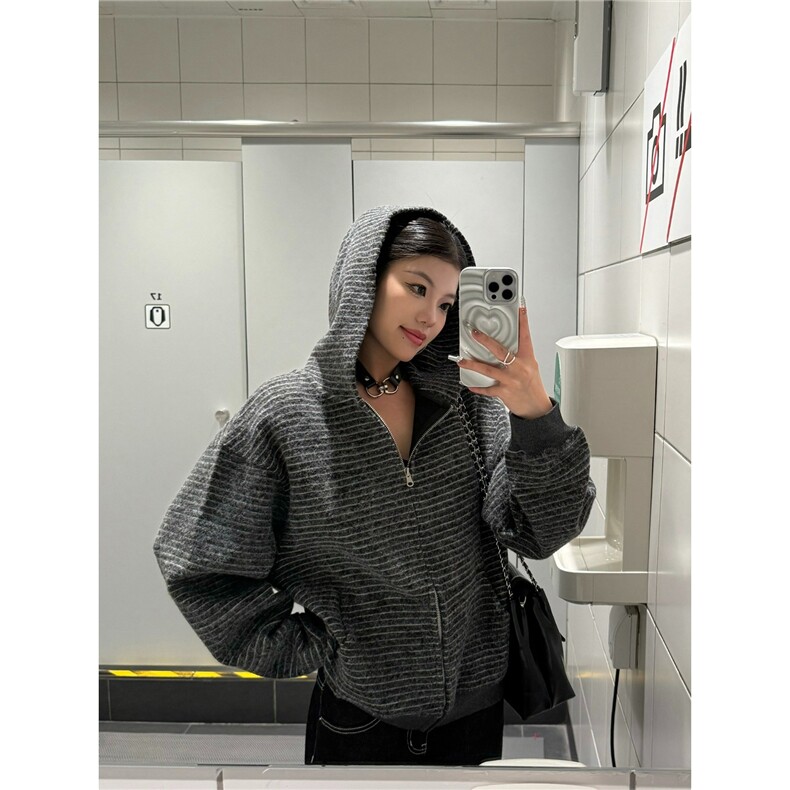 2025新款美式复古条纹拉链开衫连帽卫衣男女宽松休闲百搭情侣外套,女装短外套,星座1210-1