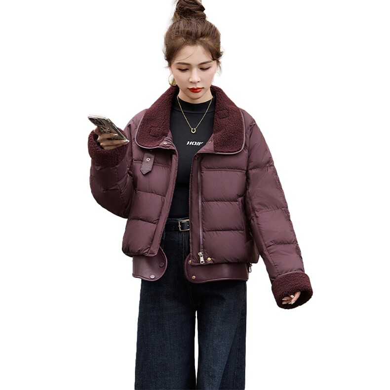 时尚潮流女装PU皮拼接仿羊羔毛翻领白鸭绒羽绒服显瘦保暖外套,女装羽绒服,采品优优