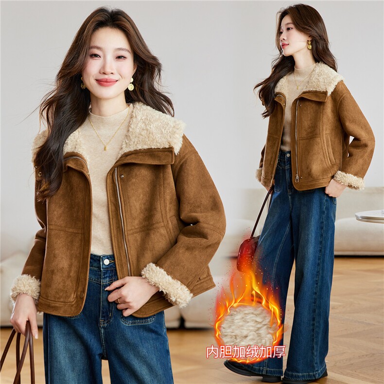 翻领皮毛一体外套2025冬季新款韩版显瘦气质复古小个子羊羔毛棉袄，女装羊羔毛/颗粒绒，拾衣