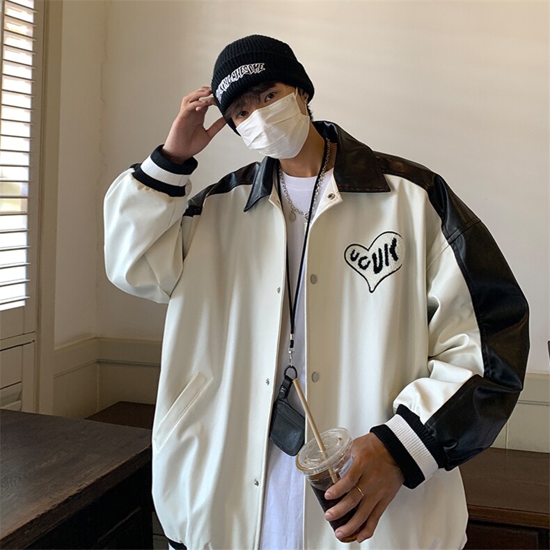 EQ114拼色毛巾绣皮衣外套男2024新款秋装休闲夹克ins港风潮P108,男装夹克,电商C306-1