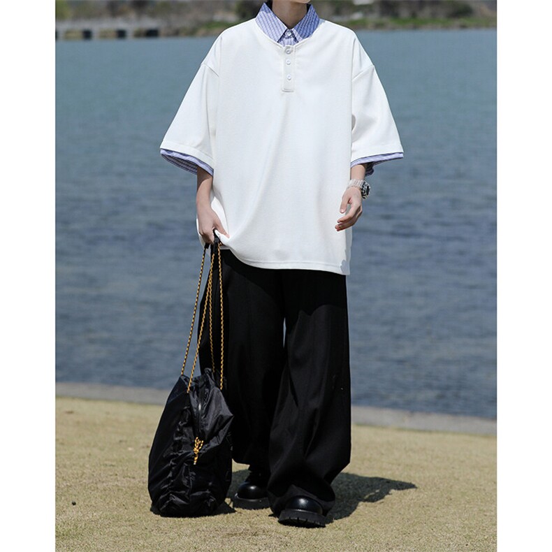 8XL-M假两件衬衫领短袖T恤大码夏季条纹拼接polo衫半袖DX1211/P45,男装T恤,电商B238