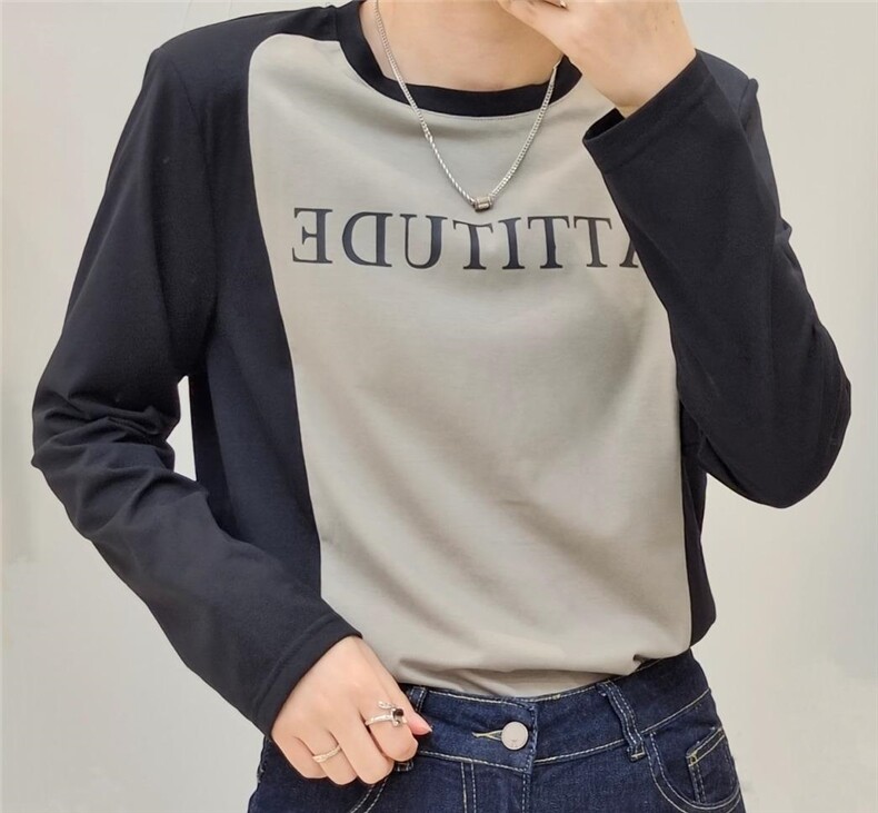 【现货]】秋季新款韩版休闲风针织拼色T恤，女装T恤，那简