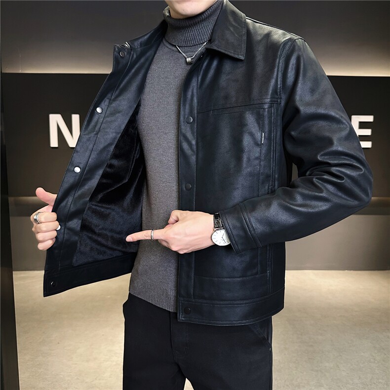 加绒加厚男士外套秋冬季2025新款翻领皮衣皮夹克A313-9958-P145,男装夹克,电商A313