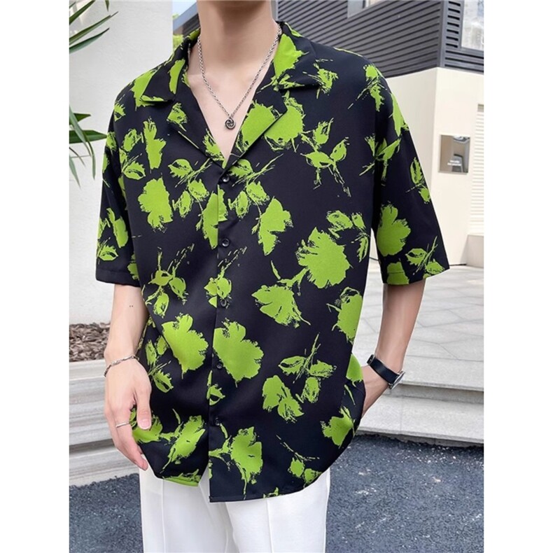 巴雅痞风短袖衬衫男夏季古巴领夏威夷度假风休闲宽松港风复古上衣,男装T恤,星座1210-1