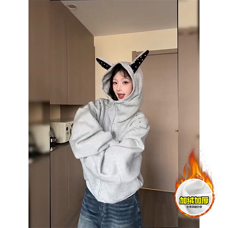 480G重磅加绒硬挺boxy男女美式高街卫衣铆钉杜宾犬耳朵开衫厚外套,女装短外套,电商A486-1