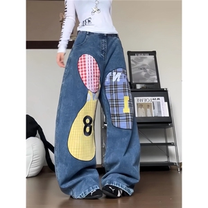 NK1014-P62 美式设计感格纹拼接牛仔裤女复古街头小众休闲阔腿图片