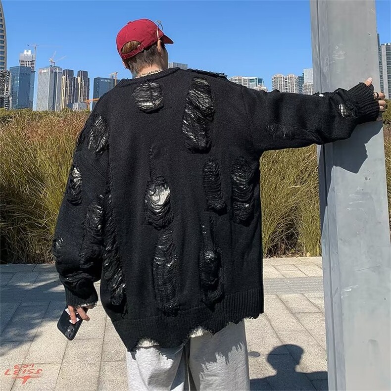 美式破洞假两件毛衣男宽松百搭oversize长袖上衣针织衫Y9221-p58,男装针织衫/毛衣,星座1008