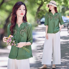 新中式刺绣棉麻套装女2025夏季洋气妈妈薄款衬衣小衫阔腿裤两件套，女装套装/套裙，魅影