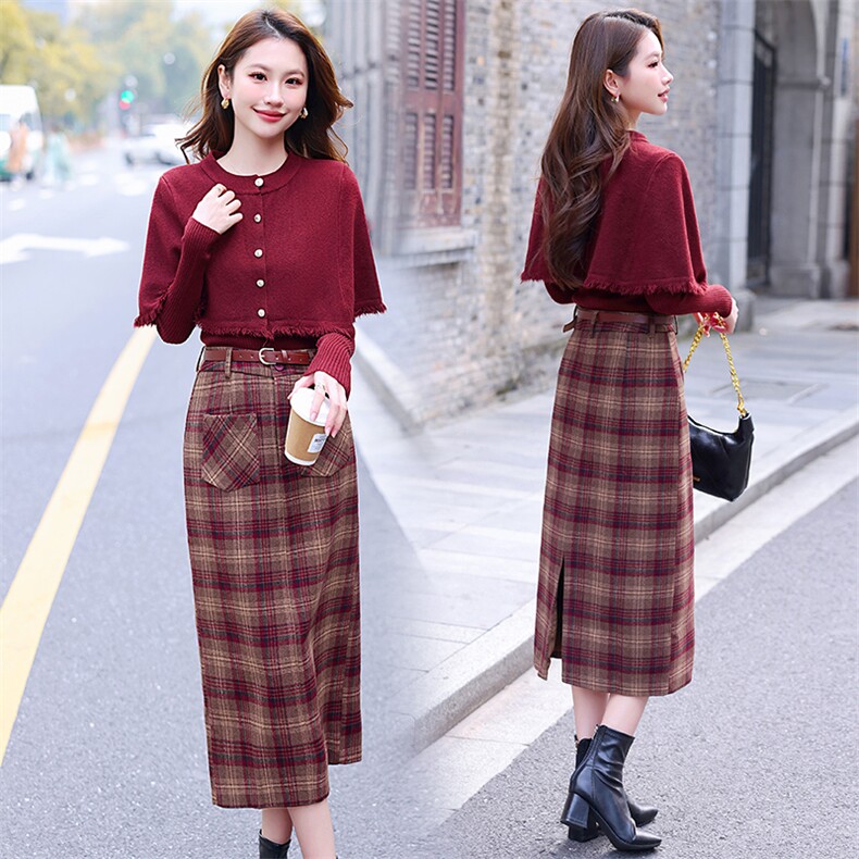 小香风套装2024秋冬新款高级感红色针织毛衣格子毛呢半身裙三件套，女装套装/套裙，煊芮熙