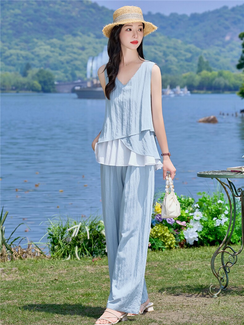 （新款现货）2026夏装时尚莱赛尔花苞假两件上衣阔腿裤套装两件套,女装套装/套裙,印象茜
