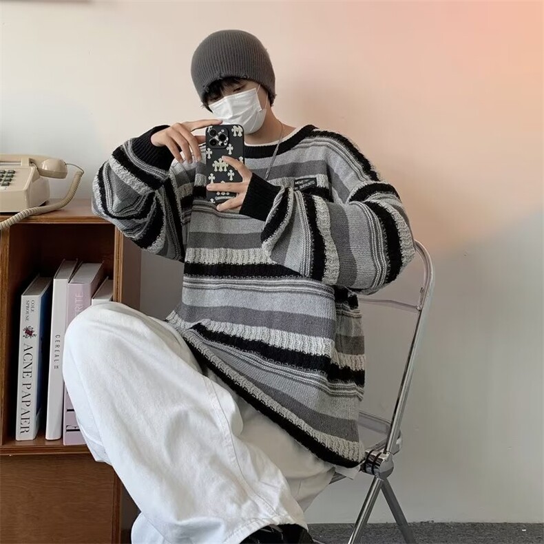 条纹毛衣男秋冬ins宽松日系打底针织衫外套复古慵懒美式M9976P40,男装针织衫/毛衣,星座1116-2