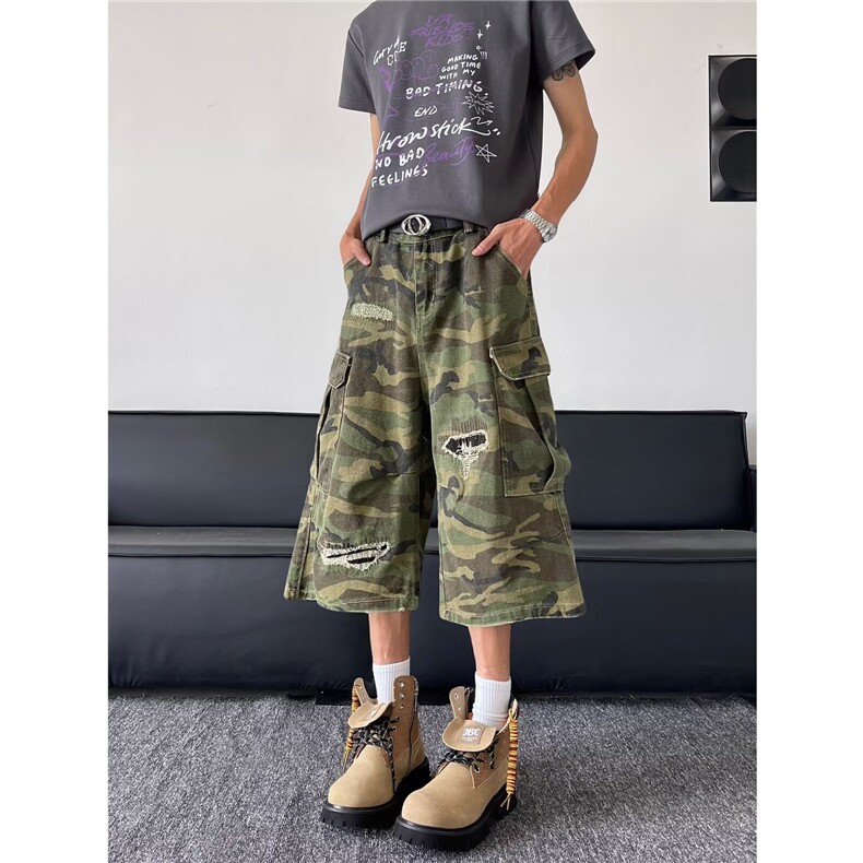 美式复古迷彩工装裤男夏季新款宽松直筒阔腿休闲短裤子,男装牛仔裤,星座410-6（原星座1304-1）
