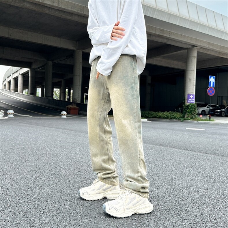 美式水洗泛黄牛仔裤男女黄泥染直筒裤水洗做旧休闲长裤子 N8090图片