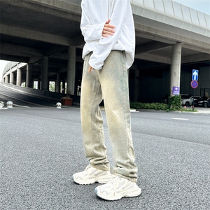 美式水洗泛黄牛仔裤男女黄泥染直筒裤水洗做旧休闲长裤子 N8090图片