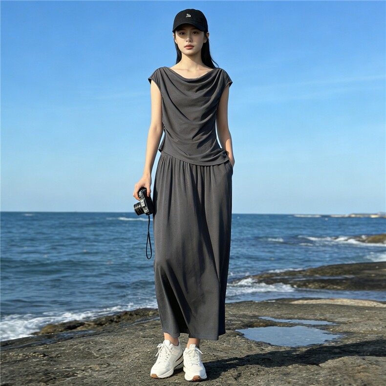 个性简约时尚套装裙女夏季新款圆领褶皱设计短袖上衣半身裙两件套，女装套装/套裙，江南