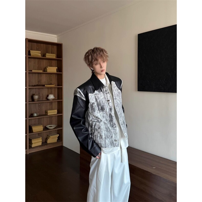 网图~PU皮拼接泼墨洗水棉高级感夹克外套（含垫肩）W1521/P75，男装皮衣，电商B350