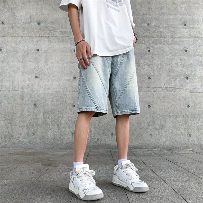 B221美式ins高街暗黑小众拼接牛仔短裤五分裤LK23068-P50控68,男装牛仔裤,电商B221