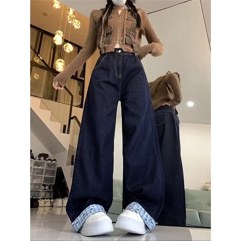 深蓝色阔腿牛仔裤女春秋2025新款宽松垂感设计感拼接弯刀拖地裤子,男装牛仔裤,星座1210-1