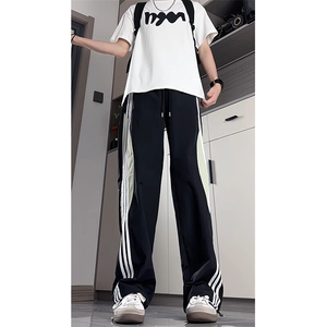 美式高街条纹速干冰丝裤子男夏薄款伞兵工装裤拼接运动裤KZ057P45图片