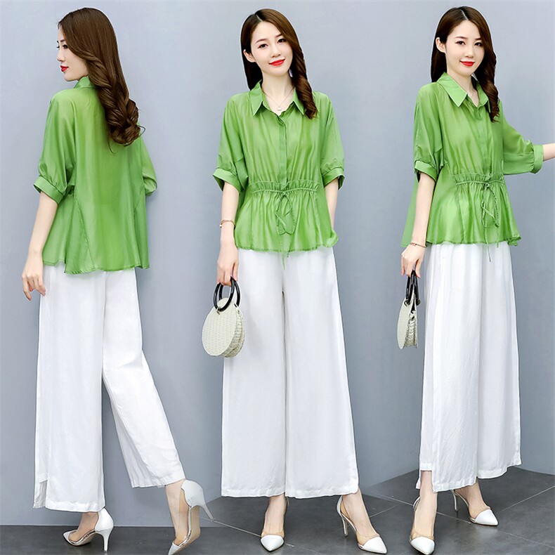 水衣源夏季新款天丝上衣配阔腿裤两件套（配吊带），女装套装/套裙，水衣源