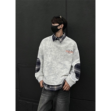 现货WY10095-P58加绒P68扎染撞色拼接格子假两件卫衣，男装卫衣，电商A059