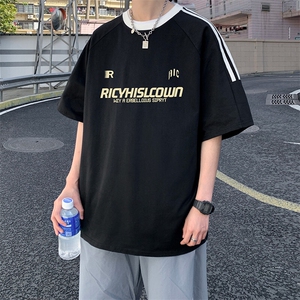 夏季美式高街重磅纯棉三条杠织带撞色男女短袖T恤ZD651-特P30图片