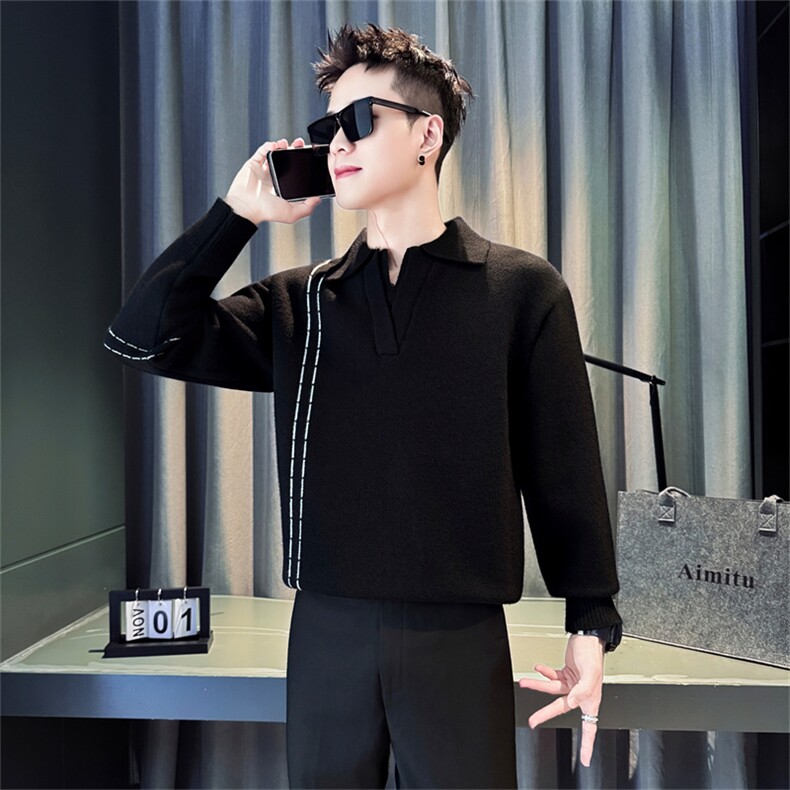 M509-P78-控108秋冬翻领针织毛衣男士高级长袖卫衣外套个性条纹加图片