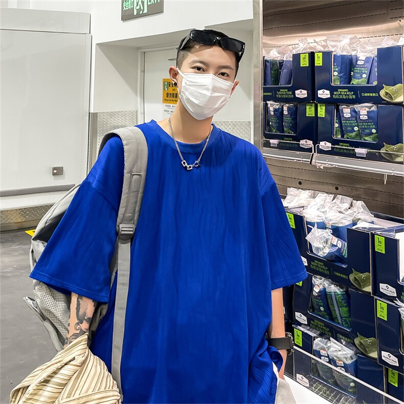 T6058/P35高品质港风垂感冰丝短袖T恤男装潮宽松克莱因蓝上衣控48，男装T恤，电商A141