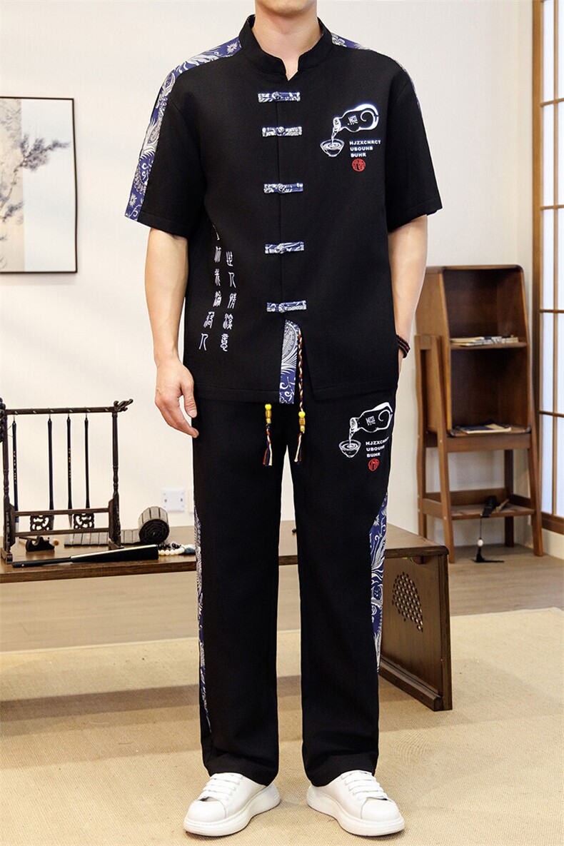 潮风套装男新中式短袖衬衫时尚休闲长裤两件套JZ305-P63,男装休闲套装,星座310B-3