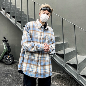 春季格子衬衫男生外套宽松青少年韩版潮流痞帅长袖衬衣上衣图片