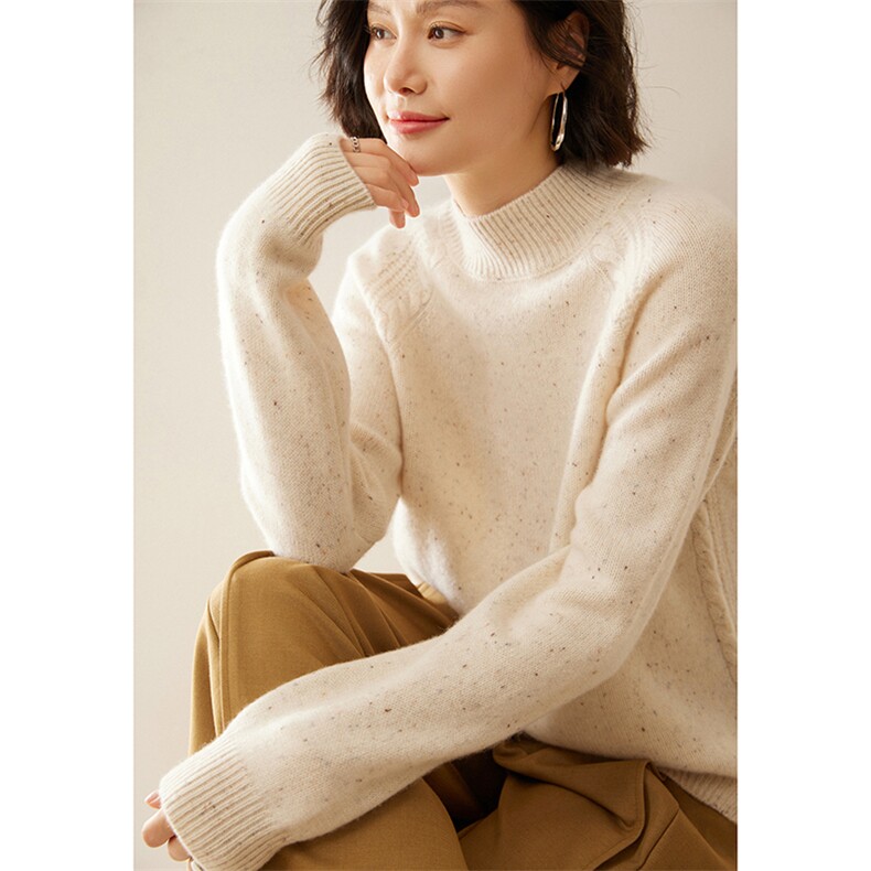 轻奢风山羊绒衫女半高领点子纱扭花针织毛衣宽松打底羊毛开叉上衣图片