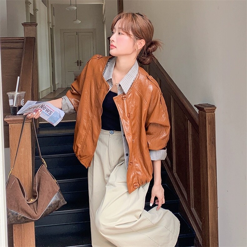 皮夹克条纹拼接假两件皮衣外套女秋图片