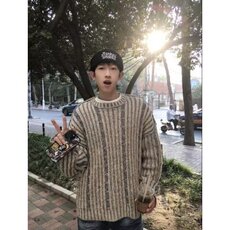 网图现货混色条纹针织毛衣慵懒高级感男圆领套头衫B49-P50，男装针织衫/毛衣，星座910-1