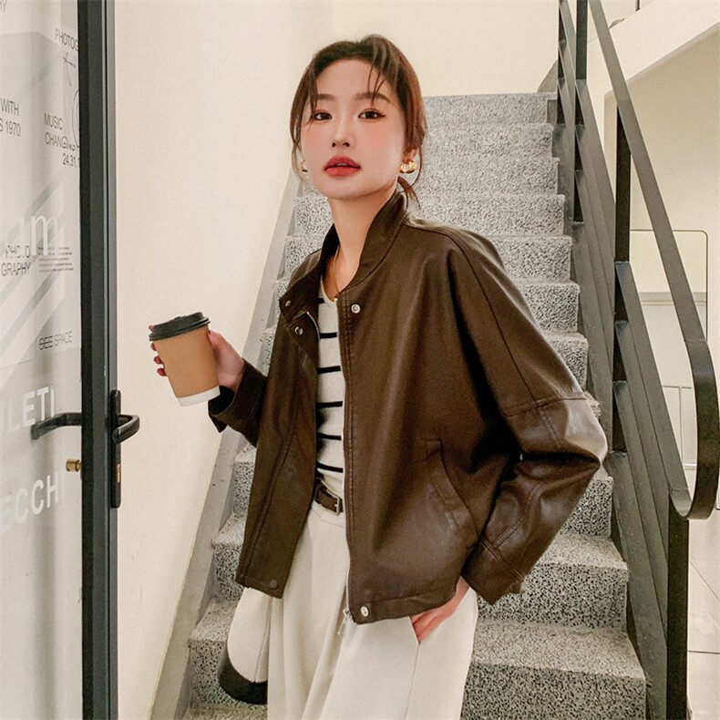 现货2025秋季女装新款时尚洋气机车款小个子短款皮衣外套223-1302,女装皮衣,莘蕾