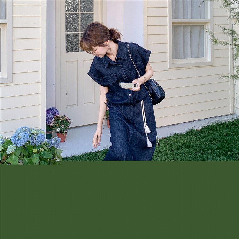 深蓝色复古牛仔套装裙女2025夏季新款慵懒松弛感衬衫半身裙两件套,女装套装/套裙,2C095