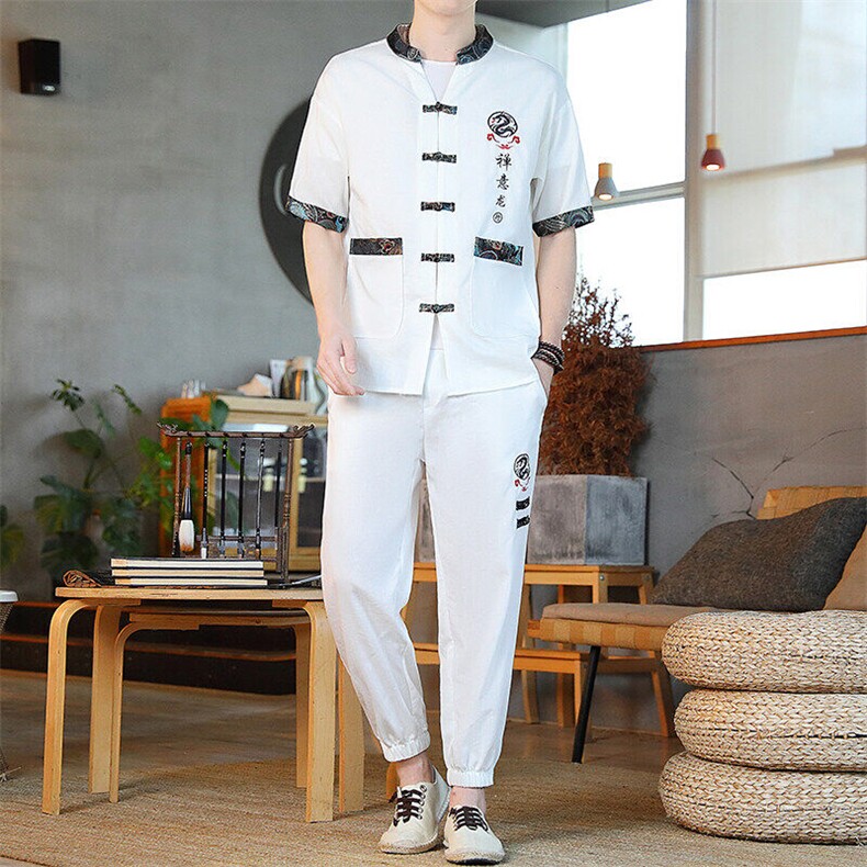 风男装夏季冰丝短袖开衫男复古汉服套装风图片