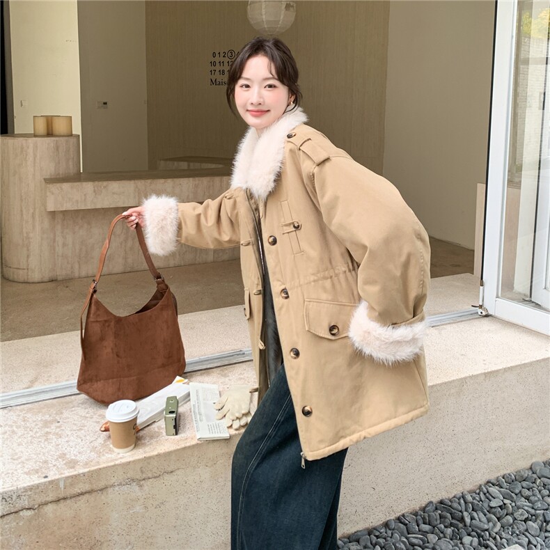 现货：冬季新款毛绒拼接休闲保暖中长款派克服2C135-8957P285K428,女装派克服,2C135