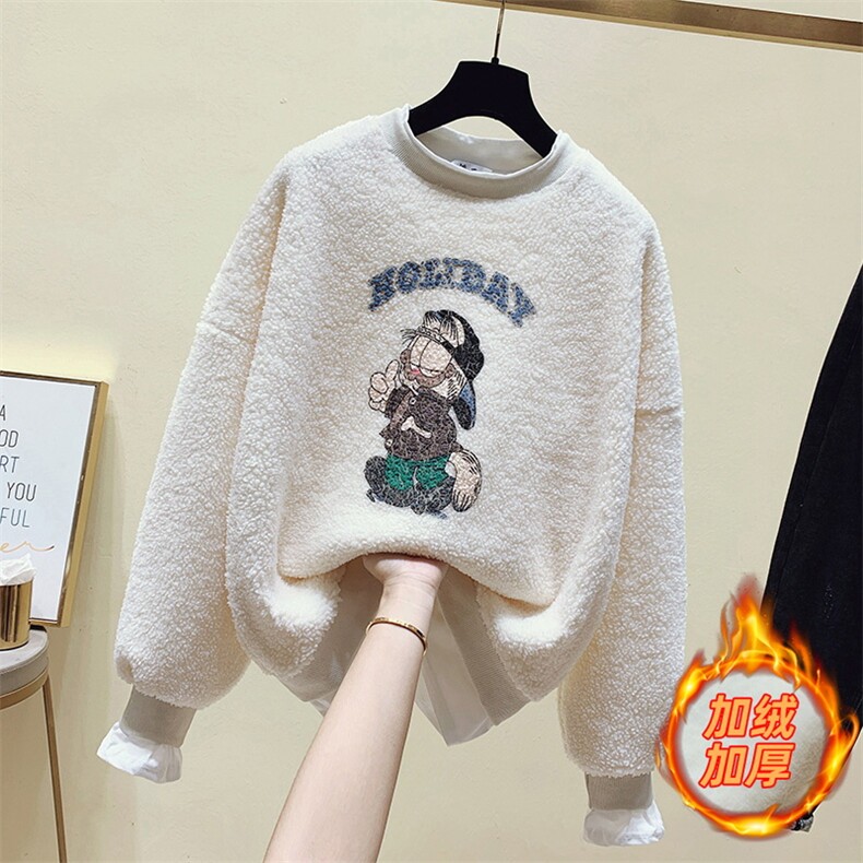 3208秋冬卡通印花假两件宽松套头羊羔毛复合加绒卫衣女加厚外套潮，女装卫衣/绒衫，潮品会
