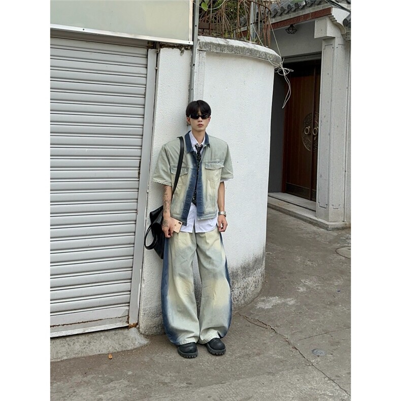 小众设计复古洗水手绘涂鸦牛仔短袖外套宽松休闲美式牛仔裤,男装休闲套装,星座1210-1