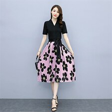 2022夏季新款简约时尚优雅气质V领个性蝴蝶结系带装饰两件套裙，女装套装/套裙，岚衣(原川流布茜）