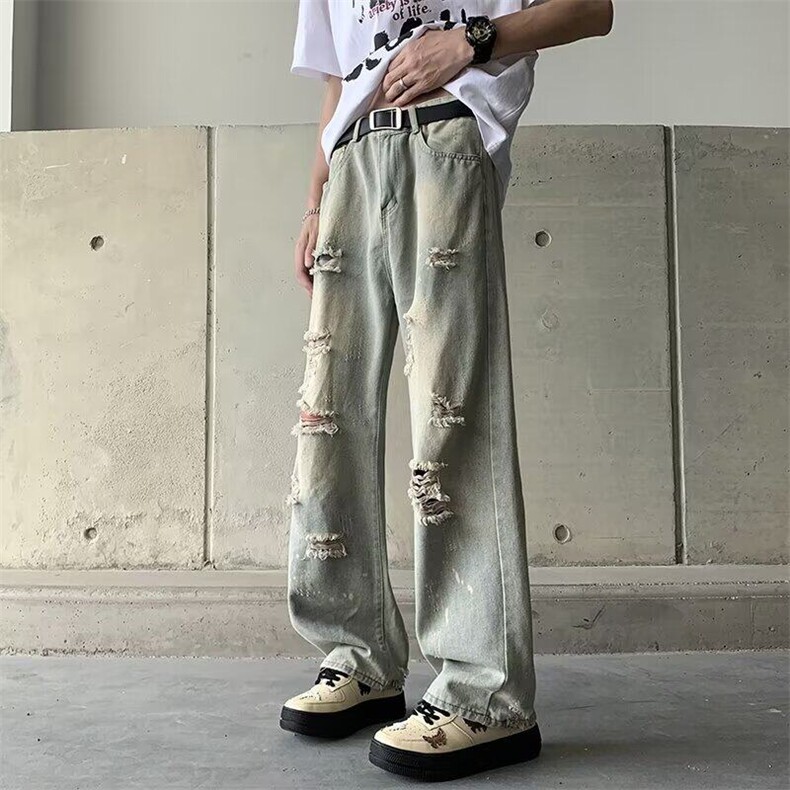 D7064-P45夏季新款宽松直筒阔腿长裤男生美式潮牌休闲宽松裤子男,男装牛仔裤,星座603-2