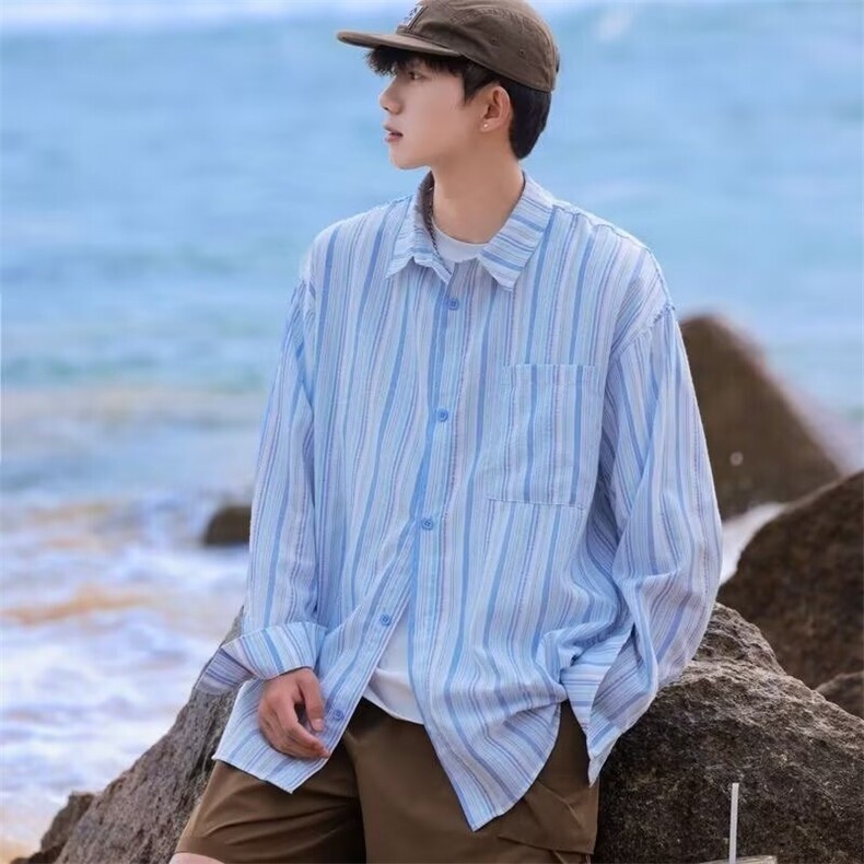 2026春夏季松弛感长袖衬衫男宽松条纹休闲衬衣薄 C3020图片